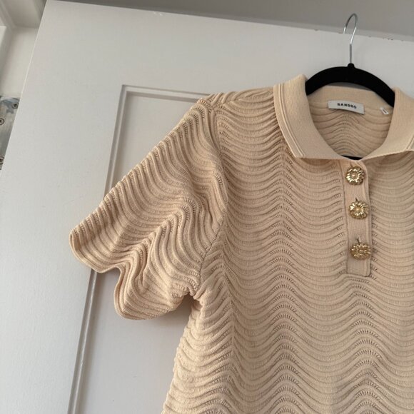 NWT Sandro Paris Campia Cropped Sweater Naturel Wavy Knit Scalop Hem Polo Style - Picture 6 of 9